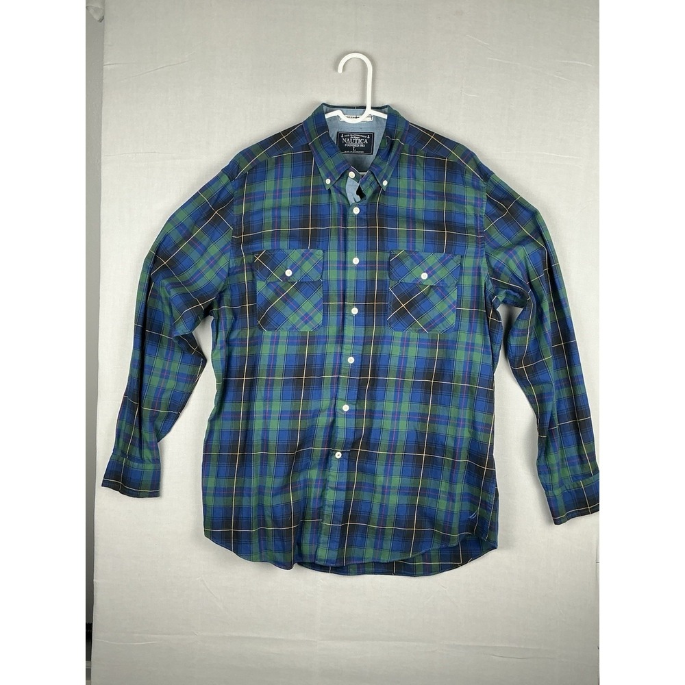 Nautica Shirt Mens Large Blue Green Plaid Long Sleeve Button Down Cotton